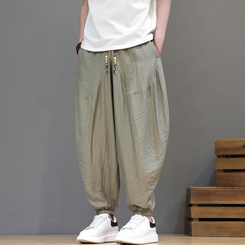 Buddha Stones Summer Casual Vintage Drawstring Solid Cotton Cropped Pants Men's Harem Pants With Pocket - image 31