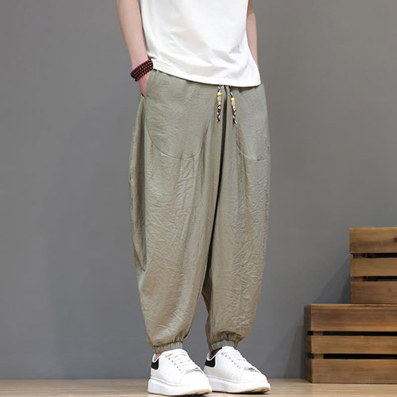 Buddha Stones Summer Casual Vintage Drawstring Solid Cotton Cropped Pants Men's Harem Pants With Pocket - image 30