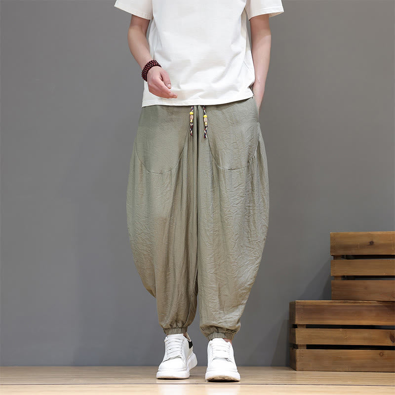 Buddha Stones Summer Casual Vintage Drawstring Solid Cotton Cropped Pants Men's Harem Pants With Pocket - DarkKhaki - US/UK/AU46, EU56 (5XL) - image 29