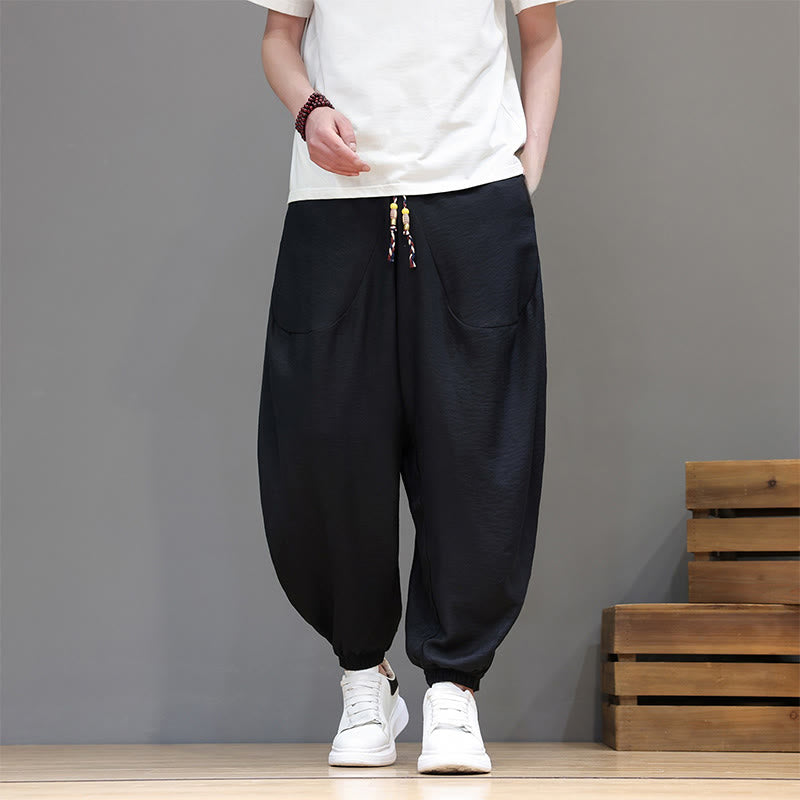 Buddha Stones Summer Casual Vintage Drawstring Solid Cotton Cropped Pants Men's Harem Pants With Pocket - image 13