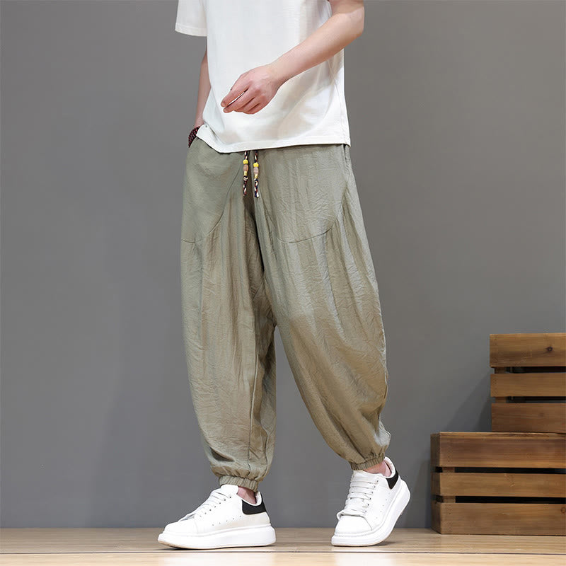 Buddha Stones Summer Casual Vintage Drawstring Solid Cotton Cropped Pants Men's Harem Pants With Pocket - image 35