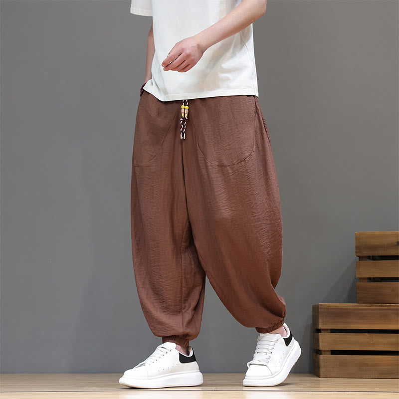 Buddha Stones Summer Casual Vintage Drawstring Solid Cotton Cropped Pants Men's Harem Pants With Pocket - image 22