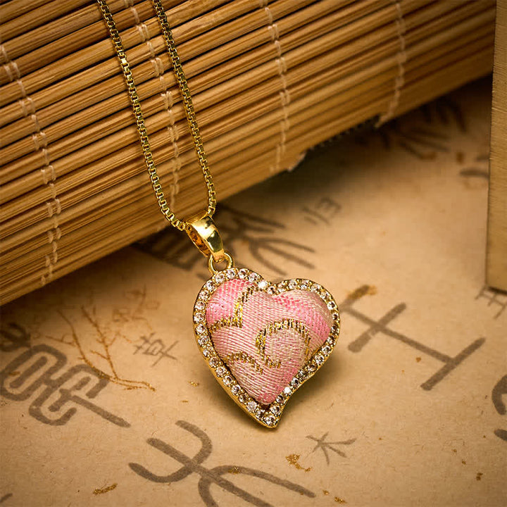 Buddha Stones Copper Rotatable Heart & Four-leaf Clover Inlaid Pink Brocade Harmonic Connection Necklace - image 10