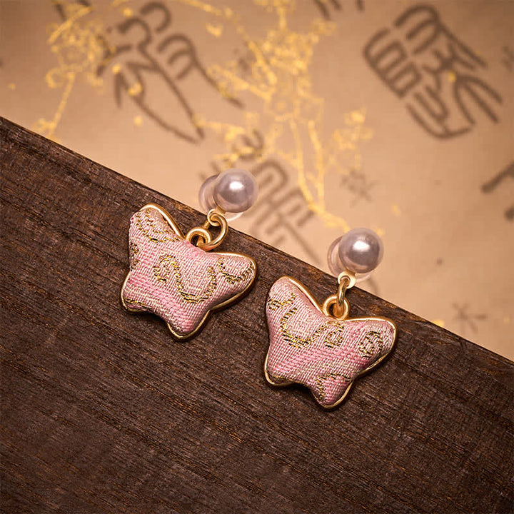 Buddha Stones Song Brocade Pearl Butterfly Vintage Love Chinese Style Earrings - Butterfly(Same Color Tone – Pattern Varies) - image 0
