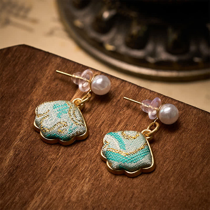 Buddha Stones Pearl Song Brocade Leaf Shaped Balance Chinese Earrings - image 3