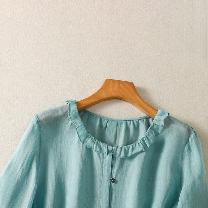 Buddha Stones Summer Casual Vintage Button-up Ruffled Crew Neck Solid Women's Long Sleeve Shirts - image 2