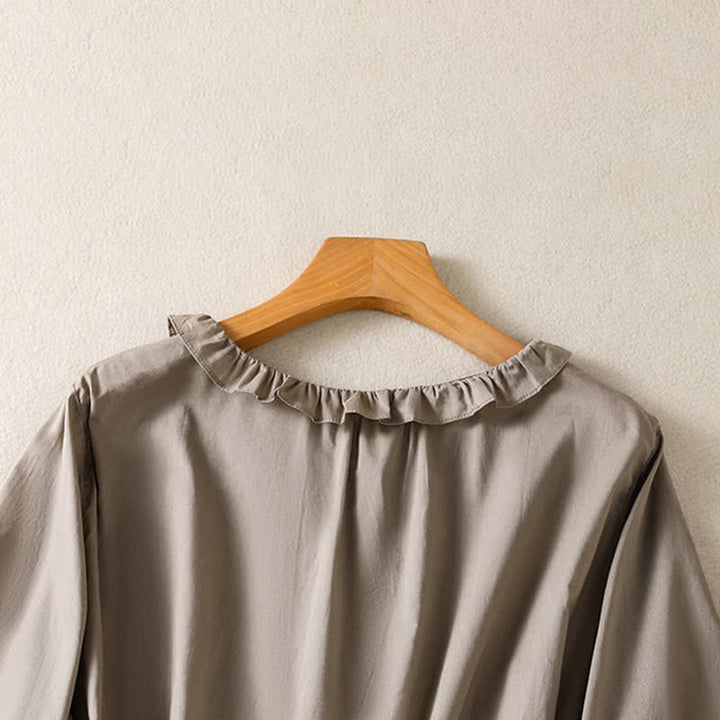 Buddha Stones Summer Casual Vintage Button-up Ruffled Crew Neck Solid Women's Long Sleeve Shirts - image 11