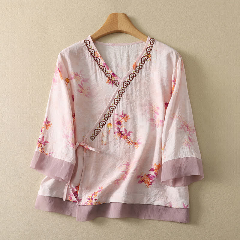 Buddha Stones Summer Vintage Tang Style Embroidery Floral V-Neck Women's Three-Quarter Sleeve T-Shirt - LavenderBlush - US8-10, UK/AU12-14, EU40-42 (2XL) - image 0