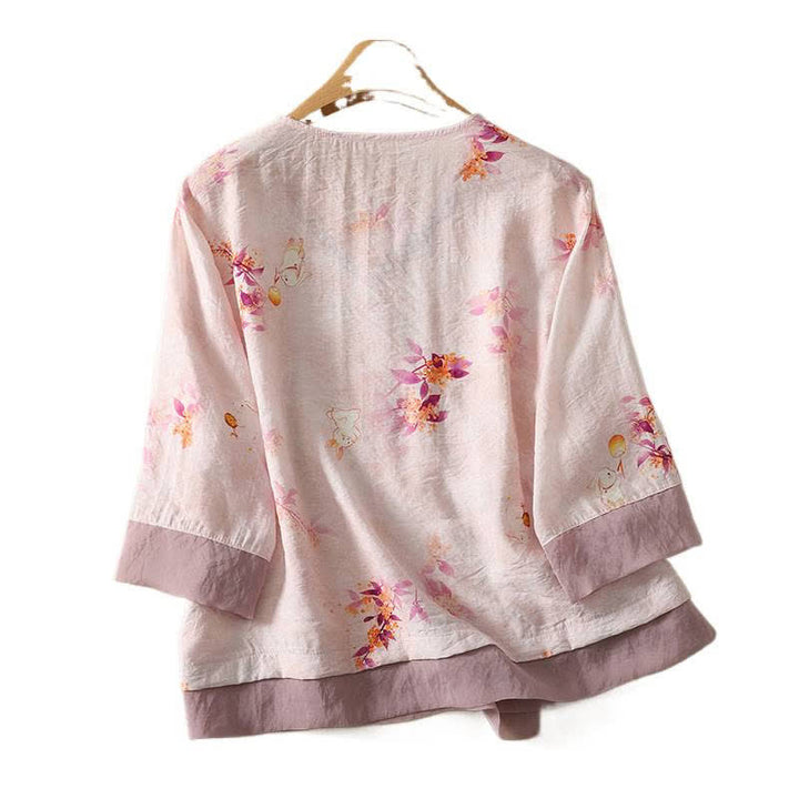 Buddha Stones Summer Vintage Tang Style Embroidery Floral V-Neck Women's Three-Quarter Sleeve T-Shirt - image 1