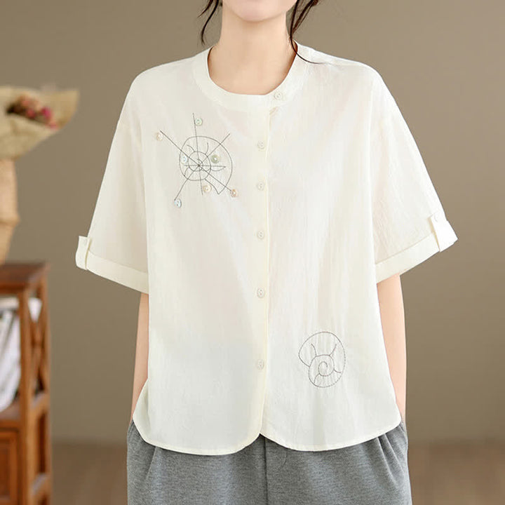 Buddha Stones Summer Casual Minimalist Embroidery Snails Button-Up Geometric Women's Short Sleeve Shirts - AntiqueWhite - US8-10, UK/AU12-14, EU40-42 (2XL) - image 16