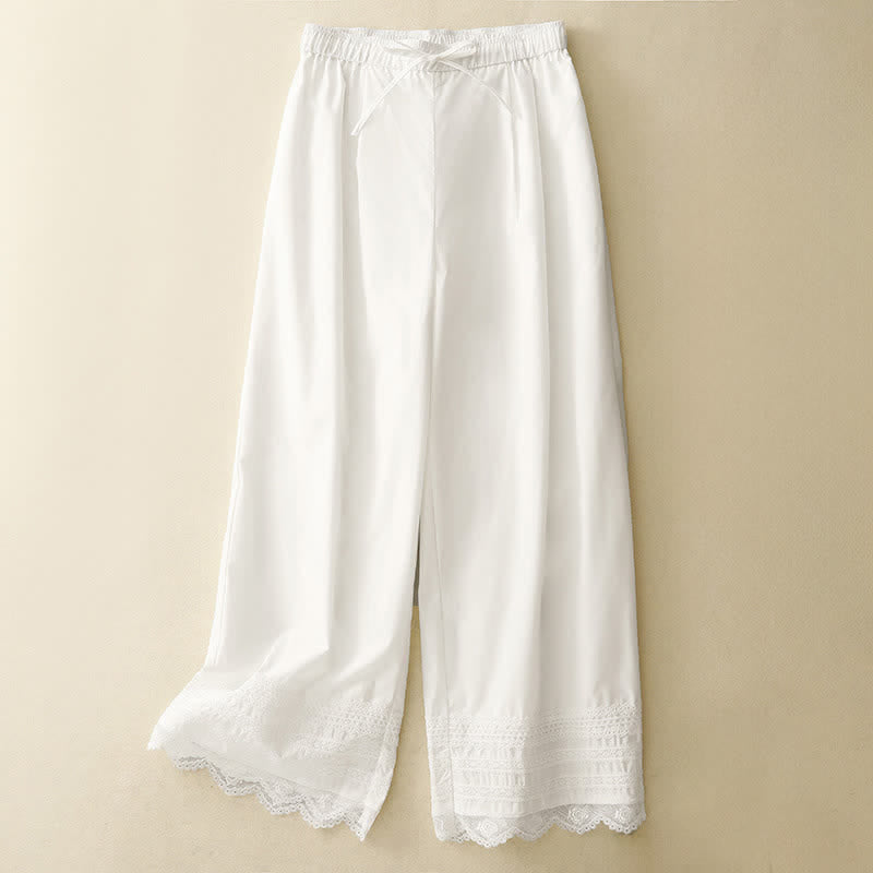 Buddha Stones Summer Elegant Casual Drawstring Solid Lace-trimmed Hem Ankle Pants Women's Wide Leg Pants - White - US8-10, UK/AU12-14, EU40-42 (2XL) - image 10