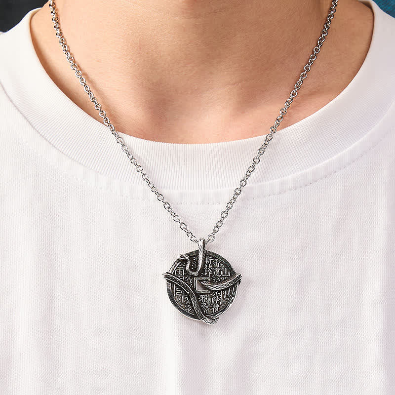 Buddha Stones Copper Plated With Silver Mountain Ghosts Spend Money Snake Coiled Around Copper Coin Necklace - image 5