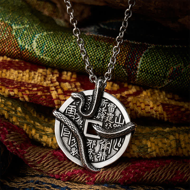 Buddha Stones Copper Plated With Silver Mountain Ghosts Spend Money Snake Coiled Around Copper Coin Necklace - Copper(Healing ♥ Wealth) - image 0