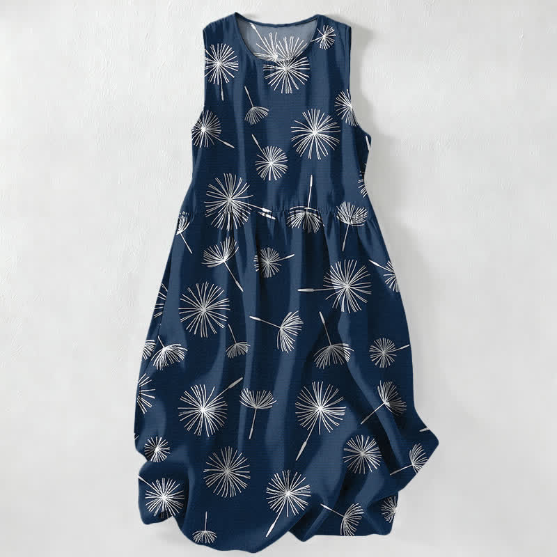 Buddha Stones Summer Casual Dandelion Bloom Pattern Women's Summer Sleeveless Midi Dress With Pockets - Navy - US16，UK/AU20，EU48 (3XL) - image 0