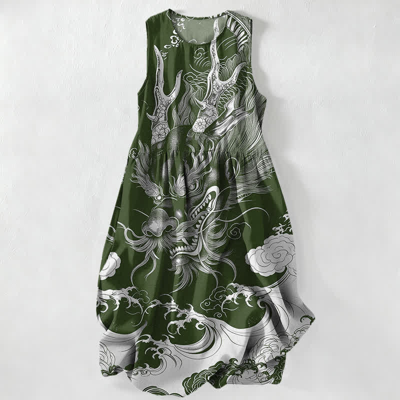 Buddha Stones Summer Casual Oriental Dragon Cloud Pattern Women's Summer Sleeveless Midi Dress With Pockets - DarkOliveGreen - US16，UK/AU20，EU48 (3XL) - image 4