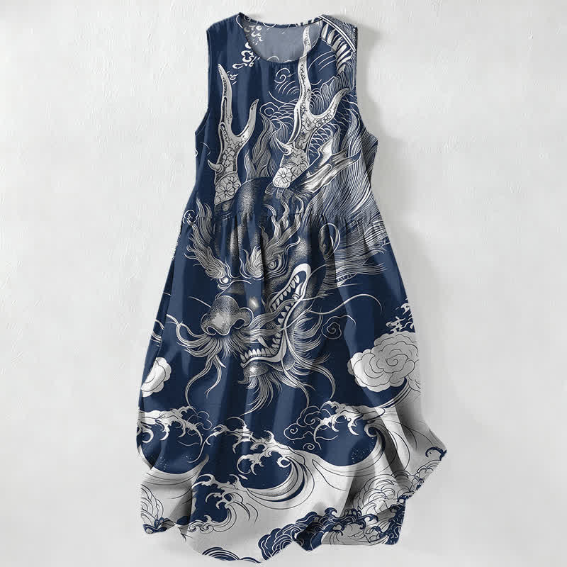 Buddha Stones Summer Casual Oriental Dragon Cloud Pattern Women's Summer Sleeveless Midi Dress With Pockets - Navy - US16，UK/AU20，EU48 (3XL) - image 5