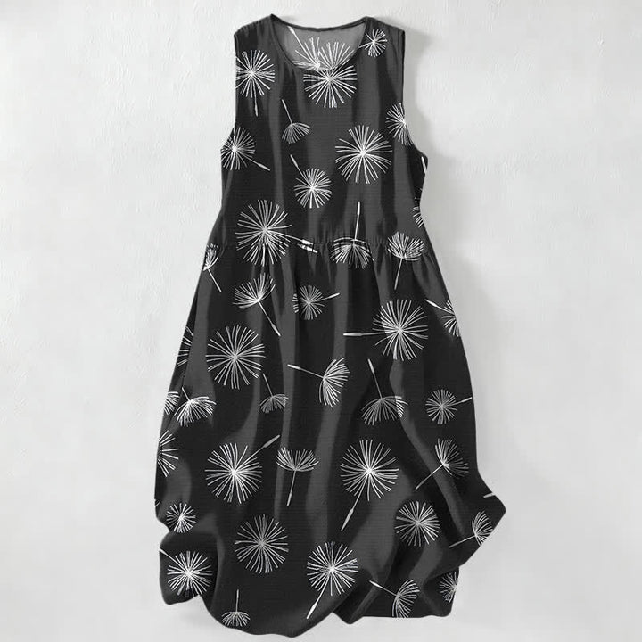 Buddha Stones Summer Casual Dandelion Bloom Pattern Women's Summer Sleeveless Midi Dress With Pockets - Black - US16，UK/AU20，EU48 (3XL) - image 4