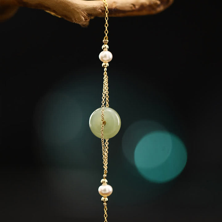 Buddha Stones Hetian Jade Peace Buckle Pearl Safety Chain Anklet - image 2