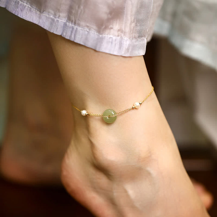 Buddha Stones Hetian Jade Peace Buckle Pearl Safety Chain Anklet - Peace Buckle(Peace ♥ Safety) - image 0