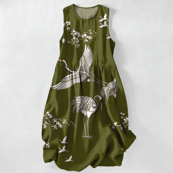 Buddha Stones Summer Casual Crane Blossom Pattern Women's Summer Sleeveless Midi Dress With Pockets - OliveDrab - US16，UK/AU20，EU48 (3XL) - image 4