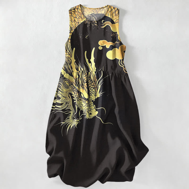 Buddha Stones Summer Casual Golden Dragon Cloud Pattern Women's Summer Sleeveless Midi Dress With Pockets - Black - US16，UK/AU20，EU48 (3XL) - image 4