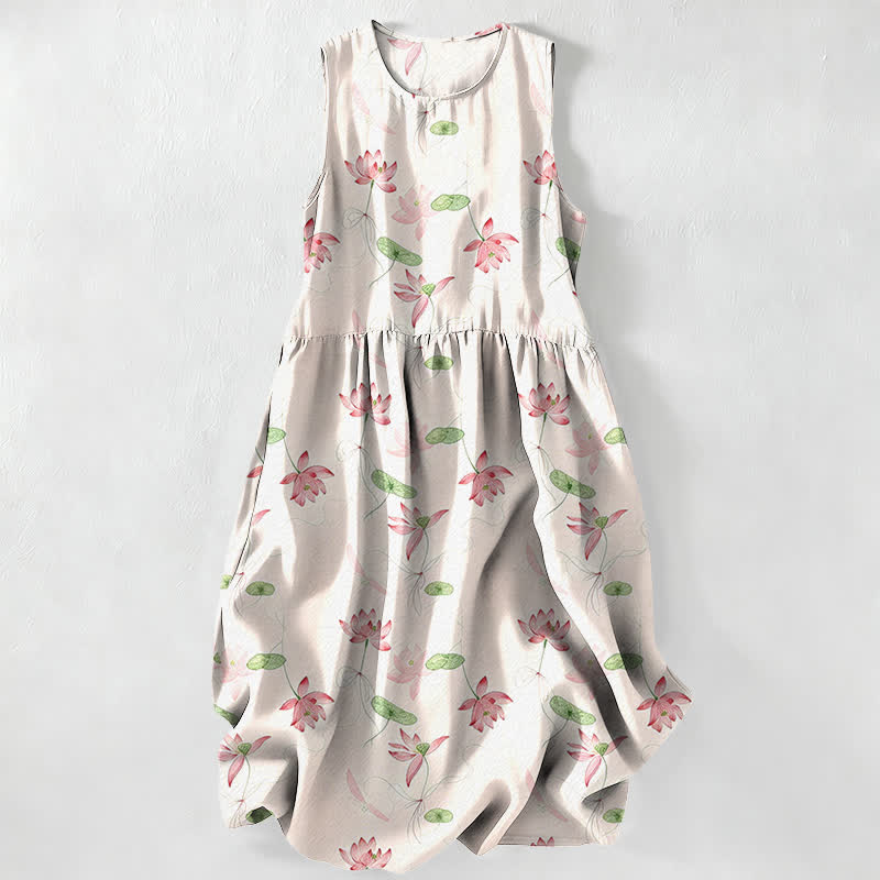 Buddha Stones Summer Casual Lotus Leaves Pattern Women's Summer Sleeveless Midi Dress With Pockets - Ivory - US16，UK/AU20，EU48 (3XL) - image 0