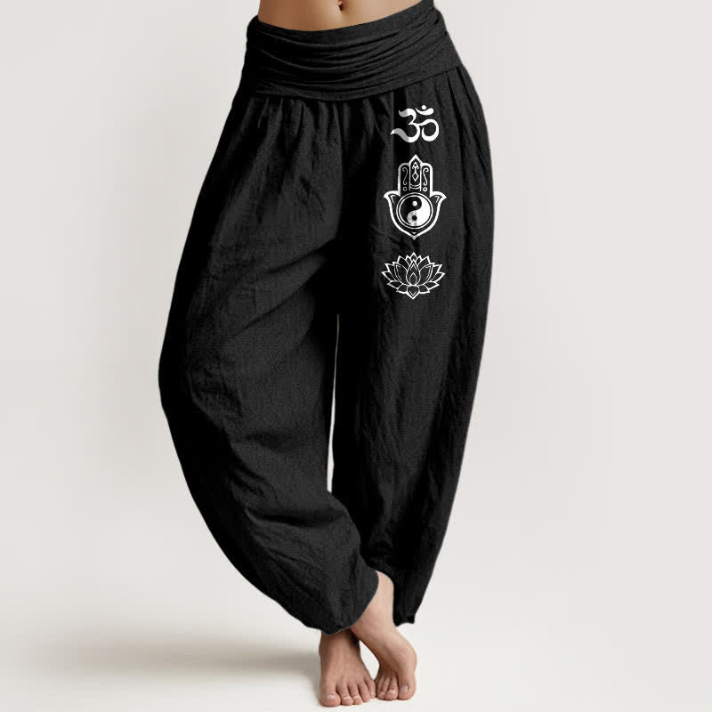 Buddha Stones Pure Cotton Om Hamsa Yin Yang Lotus Pattern Women's Elastic Waist Harem Pants - Black - US16，UK/AU20，EU48 (3XL) - image 5