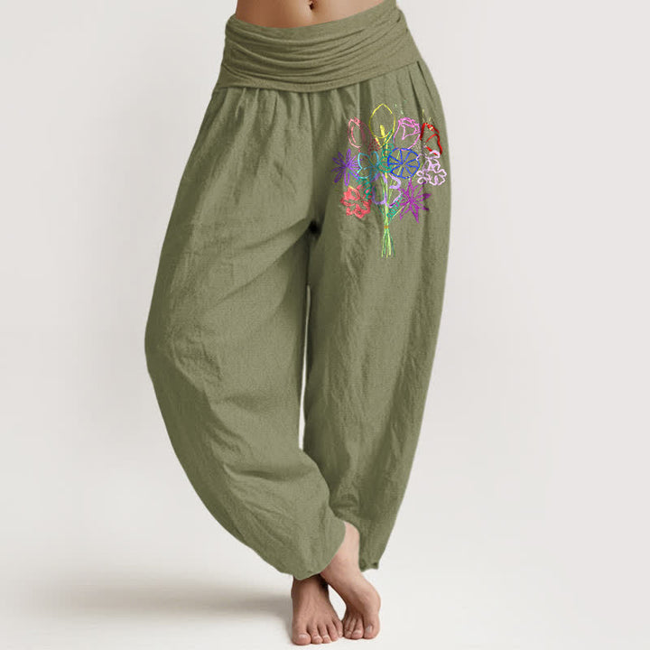 Buddha Stones Pure Cotton Floral Bouquet Pattern Women's Elastic Waist Harem Pants - OliveDrab - US16，UK/AU20，EU48 (3XL) - image 11