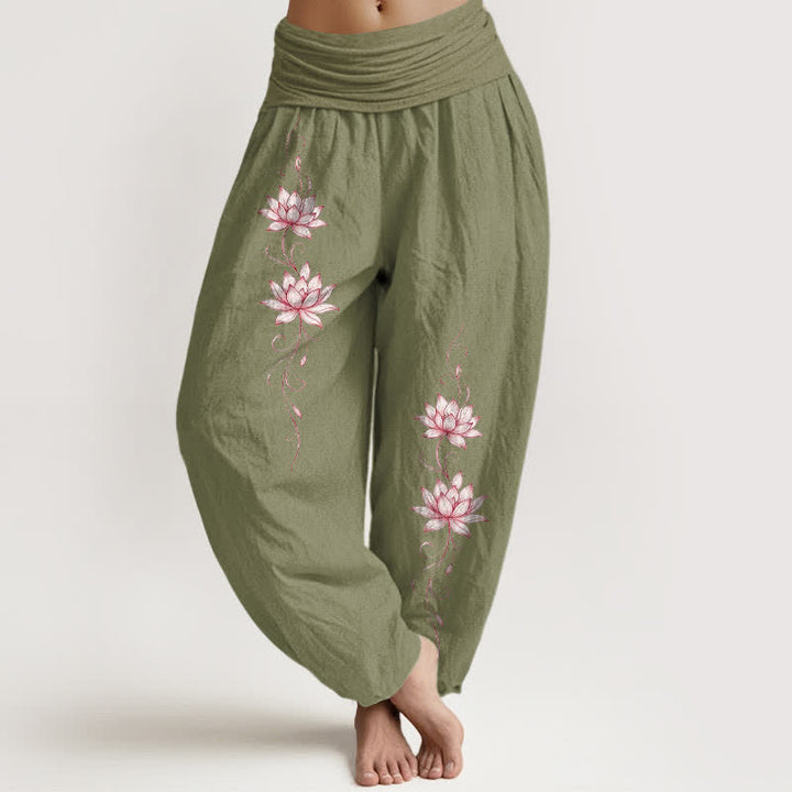Buddha Stones Pure Cotton Lotus Blossom Pattern Women's Elastic Waist Harem Pants - OliveDrab - US16，UK/AU20，EU48 (3XL) - image 11