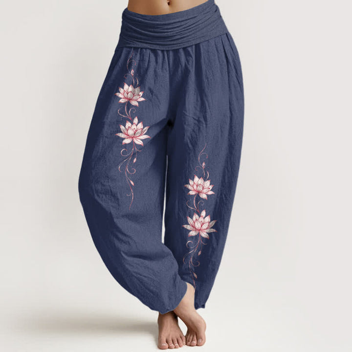 Buddha Stones Pure Cotton Lotus Blossom Pattern Women's Elastic Waist Harem Pants - DarkSlateBlue - US16，UK/AU20，EU48 (3XL) - image 5