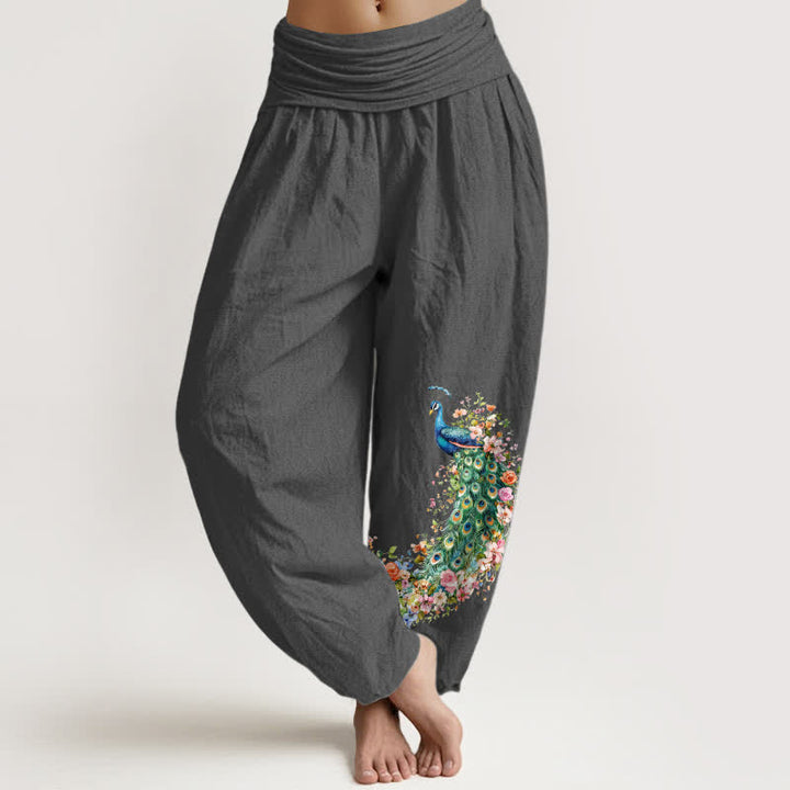 Buddha Stones Pure Cotton Peacock Floral Pattern Women's Elastic Waist Harem Pants - DimGray - US16，UK/AU20，EU48 (3XL) - image 8
