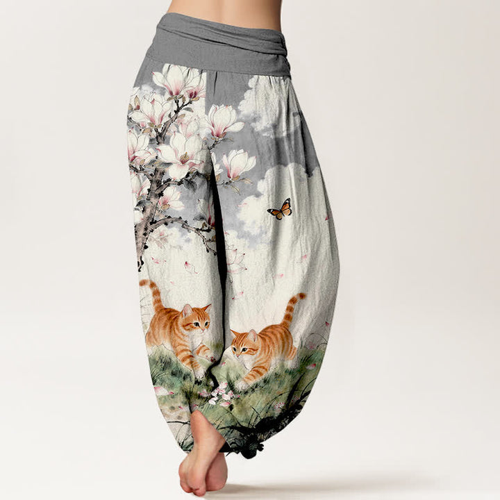 Buddha Stones Pure Cotton Magnolia Orange Tabby Cats Pattern Women's Elastic Waist Harem Pants - image 6
