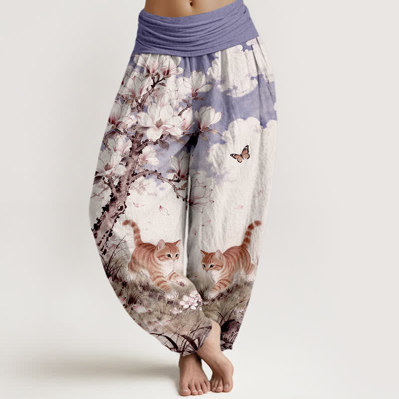 Buddha Stones Pure Cotton Magnolia Orange Tabby Cats Pattern Women's Elastic Waist Harem Pants - Lavender - US16，UK/AU20，EU48 (3XL) - image 8