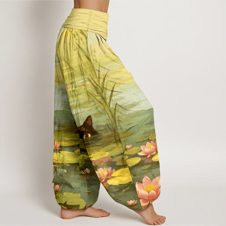 Buddha Stones Cotton Lotus Pond Cat Pattern Women's Elastic Waist Harem Pants - image 10