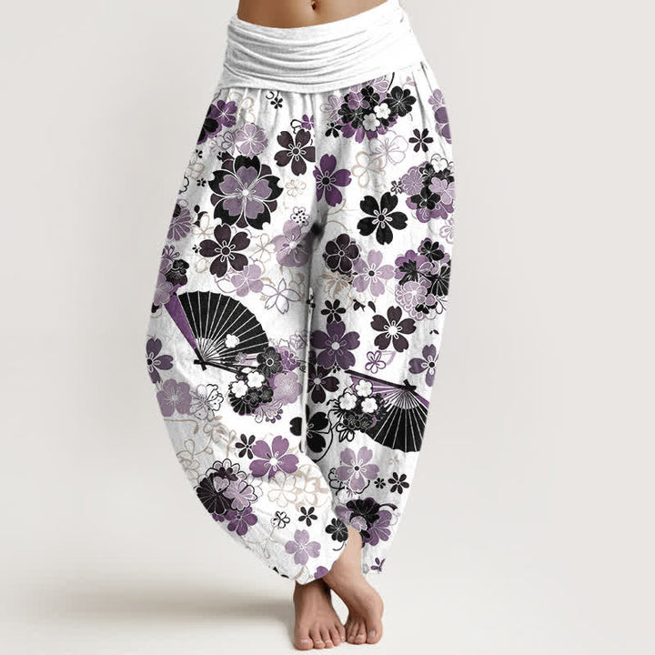 Buddha Stones Cotton Cherry Blossoms Floral Fan Pattern Women's Elastic Waist Harem Pants - Thistle - US16，UK/AU20，EU48 (3XL) - image 0
