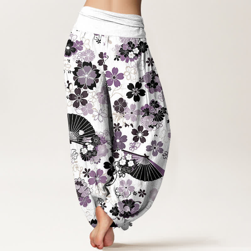 Buddha Stones Cotton Cherry Blossoms Floral Fan Pattern Women's Elastic Waist Harem Pants - image 1
