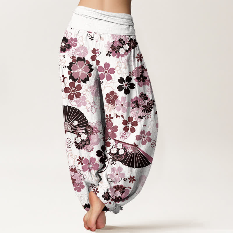 Buddha Stones Cotton Cherry Blossoms Floral Fan Pattern Women's Elastic Waist Harem Pants - image 6