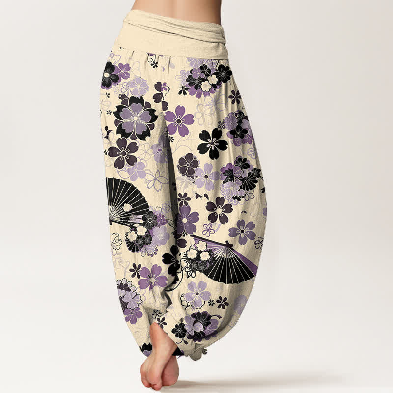 Buddha Stones Cotton Cherry Blossoms Floral Fan Pattern Women's Elastic Waist Harem Pants - image 9