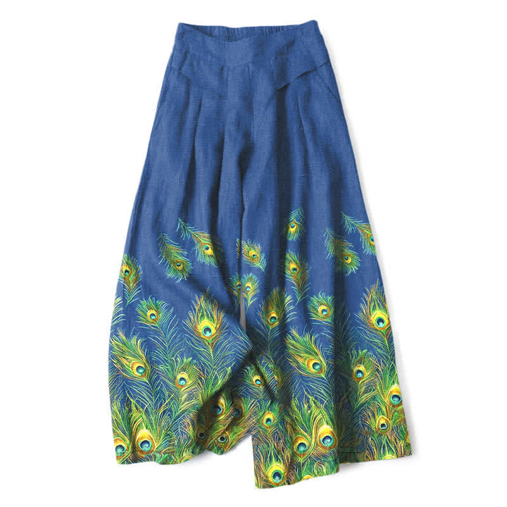 Buddha Stones Cotton Linen Peacock Feather Pattern Women's Elastic Waist Wide Leg Pants With Pockets - RoyalBlue - US16，UK/AU20，EU48 (3XL) - image 0