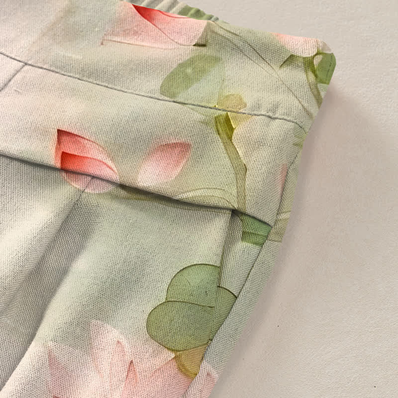 Buddha Stones Cotton Linen Crane Lotus Pattern Women's Elastic Waist Wide Leg Pants With Pockets - image 2