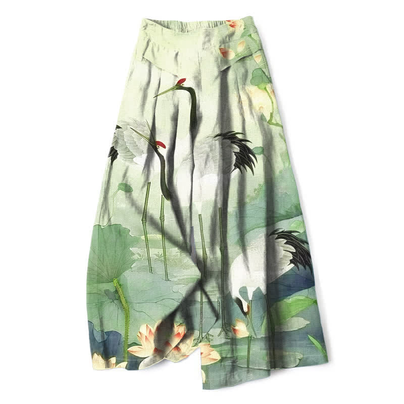 Buddha Stones Cotton Linen Crane Lotus Pattern Women's Elastic Waist Wide Leg Pants With Pockets - PaleGreen - US16，UK/AU20，EU48 (3XL) - image 4