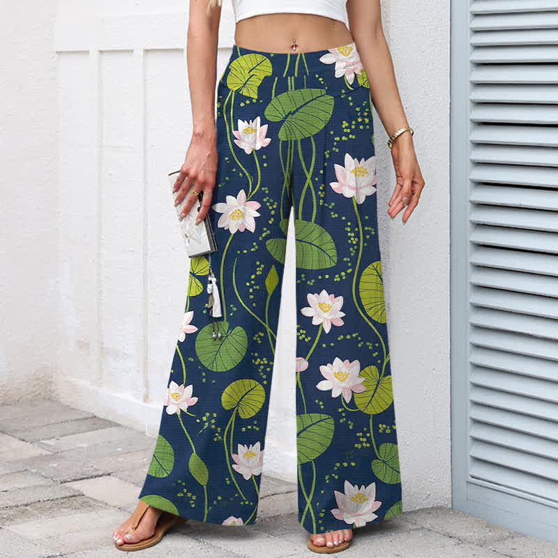 Buddha Stones Cotton Linen Lotus Green Leaf Pattern Women's Elastic Waist Wide Leg Pants With Pockets - image 1