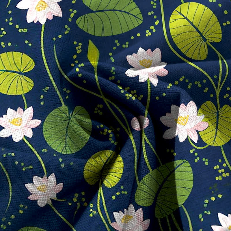 Buddha Stones Cotton Linen Lotus Green Leaf Pattern Women's Elastic Waist Wide Leg Pants With Pockets - image 3
