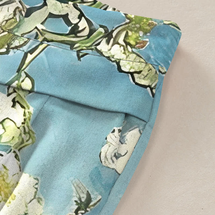 Buddha Stones Cotton Linen Blue Floral Cat Pattern Women's Elastic Waist Wide Leg Pants With Pockets - image 2