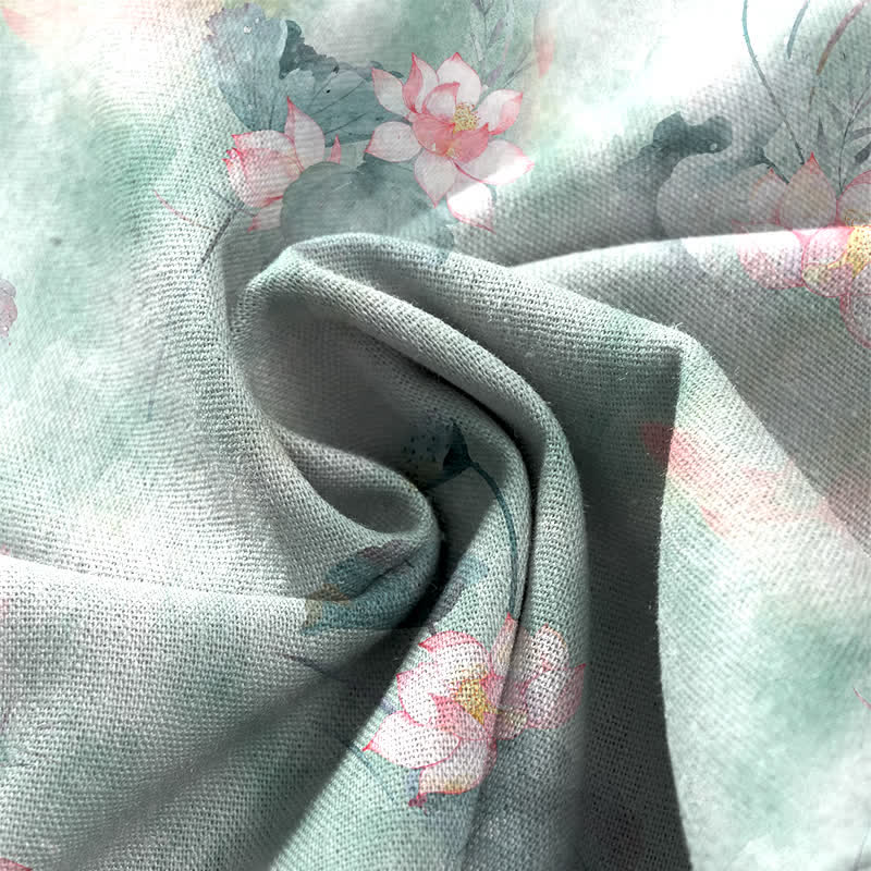 Buddha Stones Cotton Linen Watercolor Lotus Leaves Floral Pattern Women's Elastic Waist Wide Leg Pants With Pockets - image 3