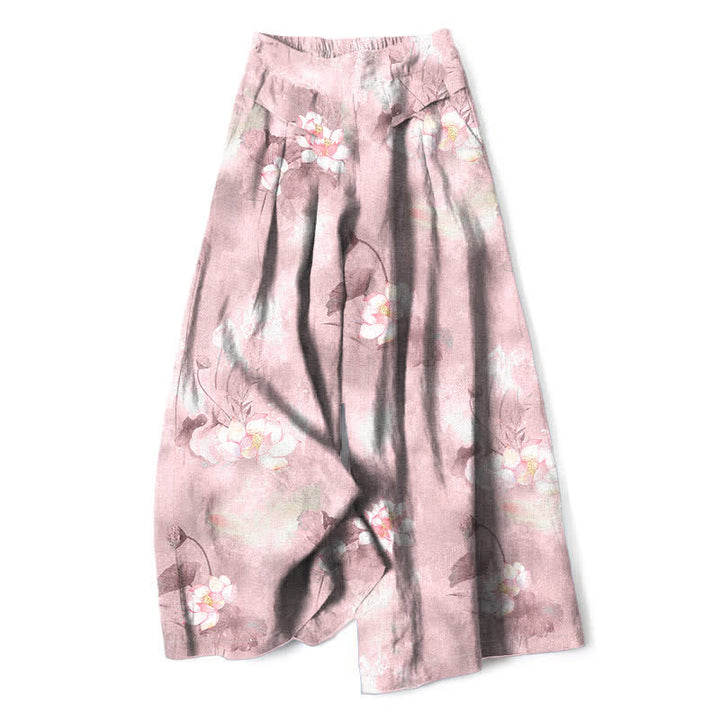 Buddha Stones Cotton Linen Watercolor Lotus Leaves Floral Pattern Women's Elastic Waist Wide Leg Pants With Pockets - LightPink - US16，UK/AU20，EU48 (3XL) - image 4