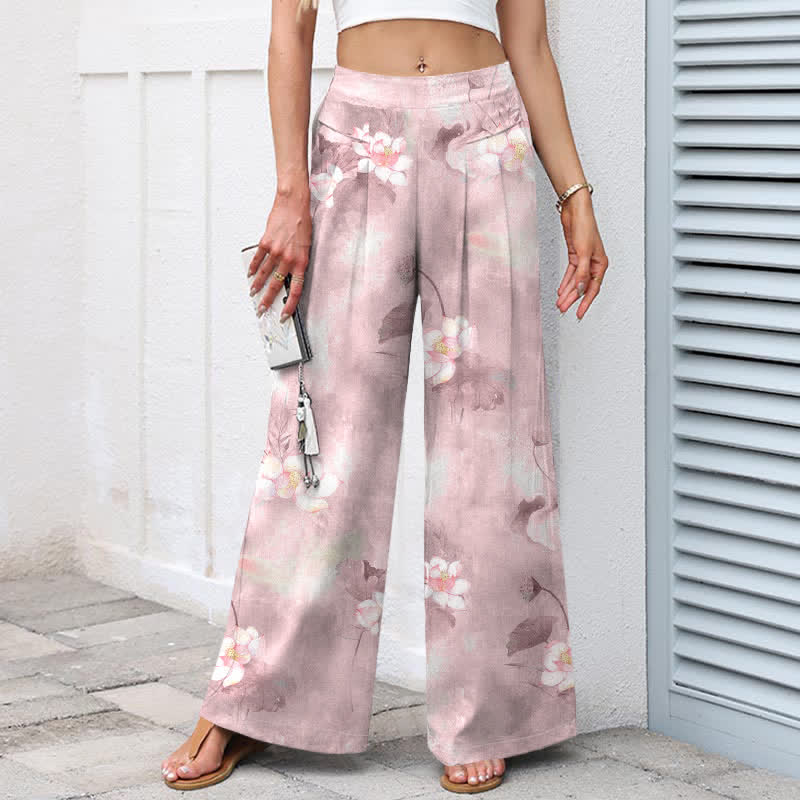 Buddha Stones Cotton Linen Watercolor Lotus Leaves Floral Pattern Women's Elastic Waist Wide Leg Pants With Pockets - image 5