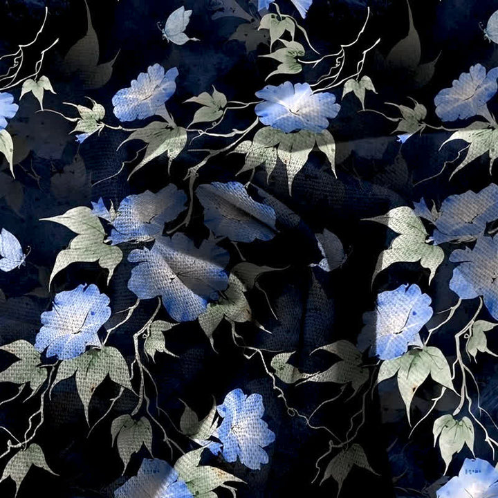 Buddha Stones Cotton Linen Blue Floral Leaves Pattern Women's Elastic Waist Wide Leg Pants With Pockets - image 3
