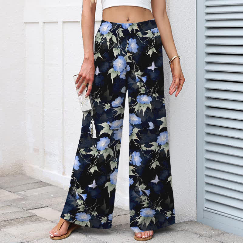 Buddha Stones Cotton Linen Blue Floral Leaves Pattern Women's Elastic Waist Wide Leg Pants With Pockets - image 1