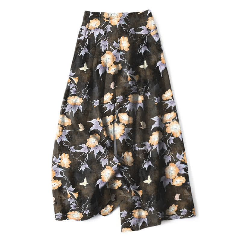 Buddha Stones Cotton Linen Blue Floral Leaves Pattern Women's Elastic Waist Wide Leg Pants With Pockets - Goldenrod - US16，UK/AU20，EU48 (3XL) - image 6